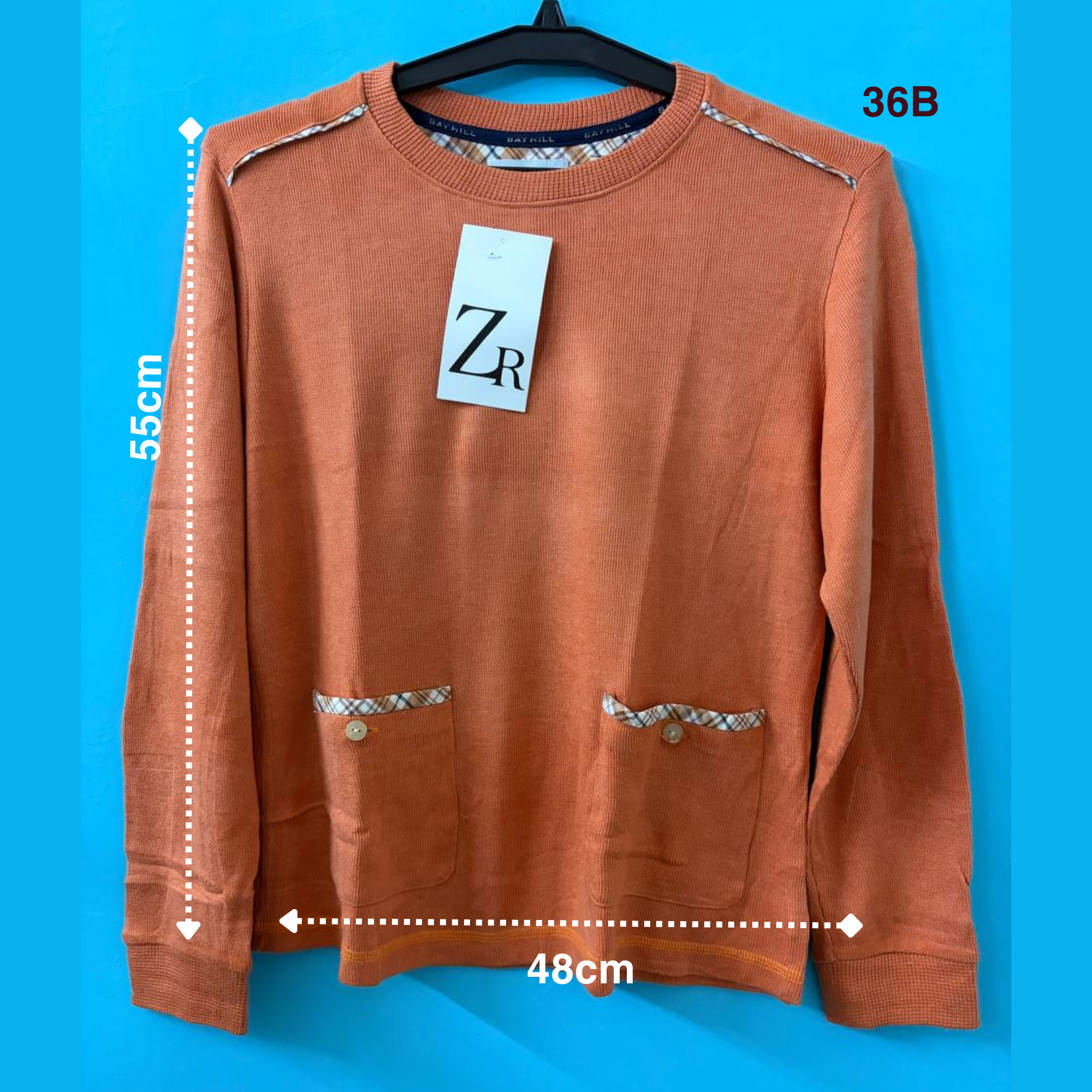 Orange Plaid-Trim Knit Sweater (M)