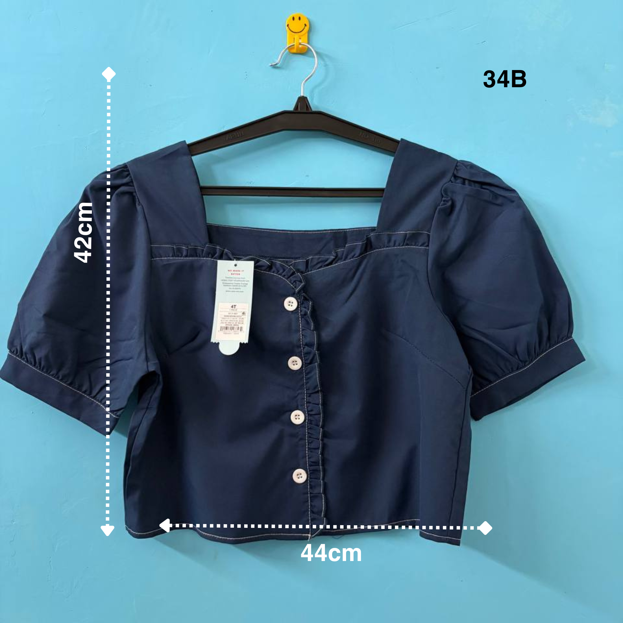 Square-Neck Puff Sleeve Navy blue Top (M)