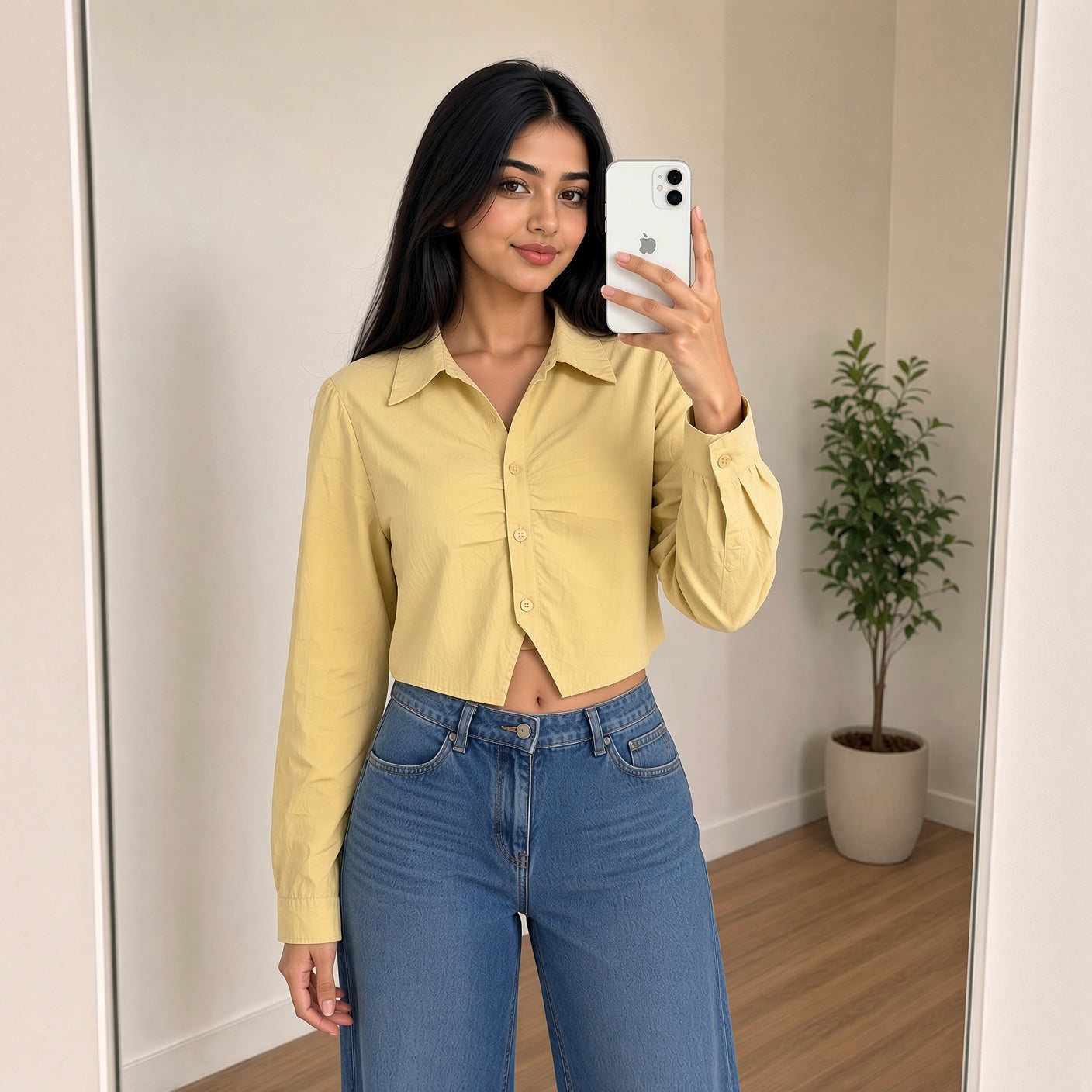 Yellow Cropped Ruched Front Shirt (S)