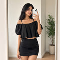 Black Off-Shoulder Tiered Crop Top (M)