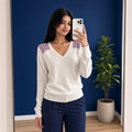 White V-Neck Knit Sweater with Purple Accent (M)