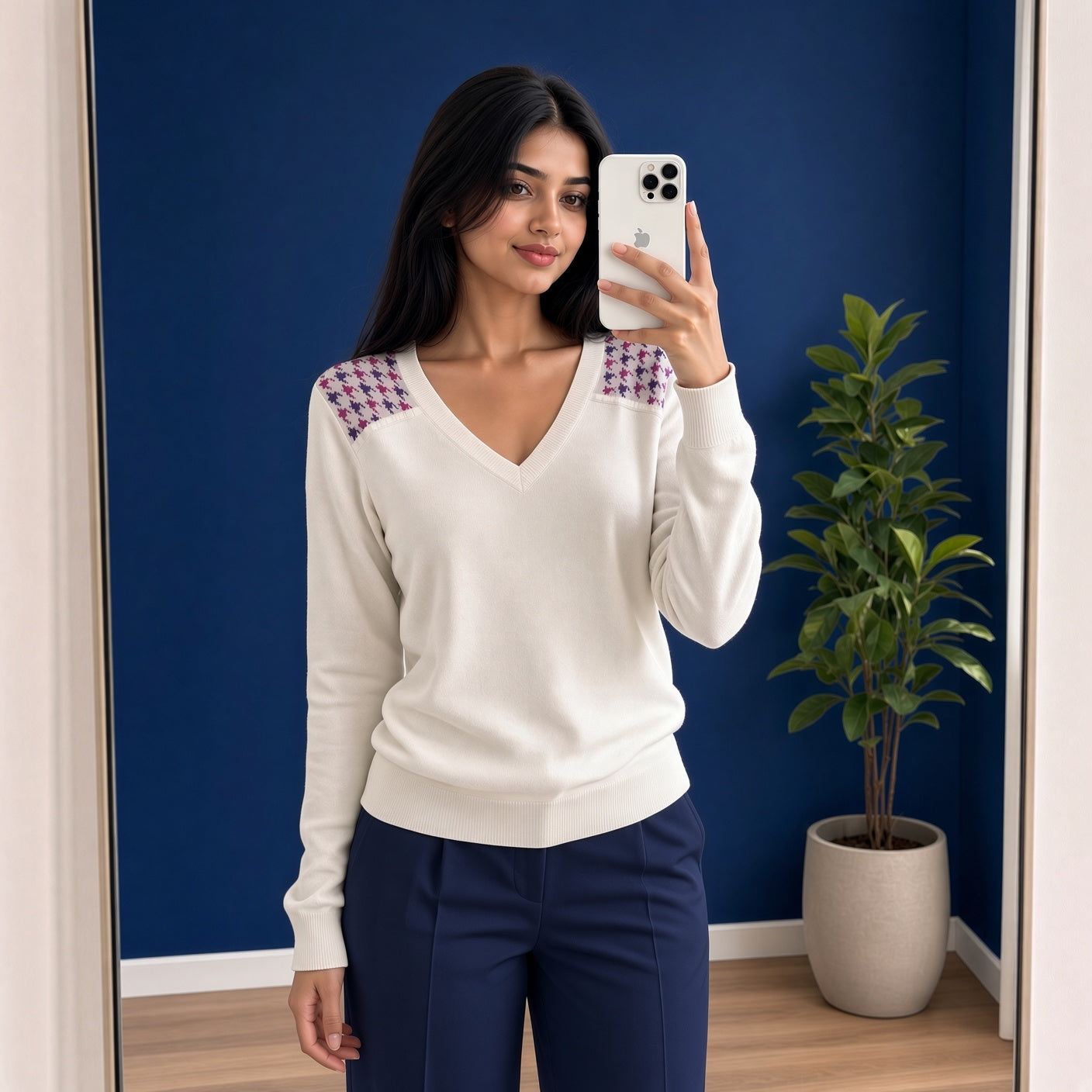 White V-Neck Knit Sweater with Purple Accent (M)
