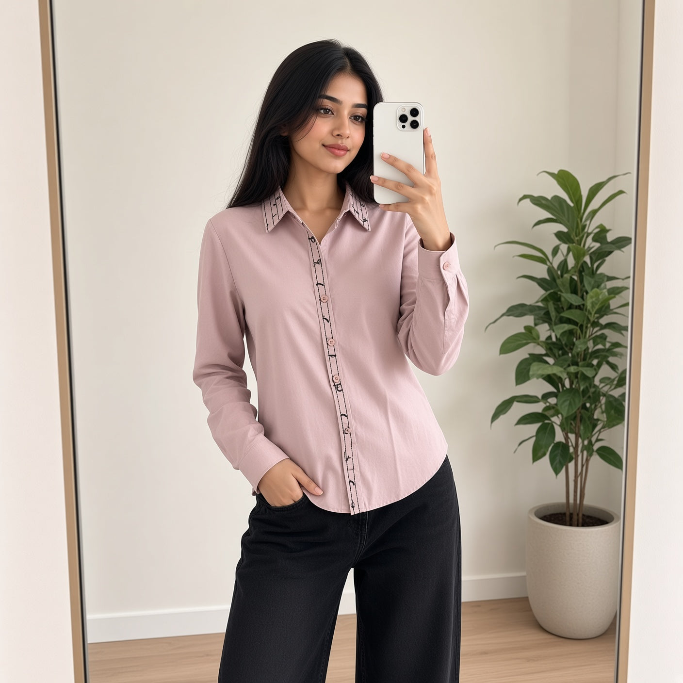 Dusty Pink Embroidered Collar Shirt (S)