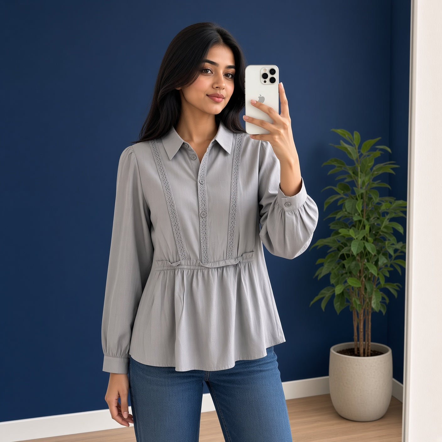 Dusty Blue Lace-Trim Button Shirt (M)