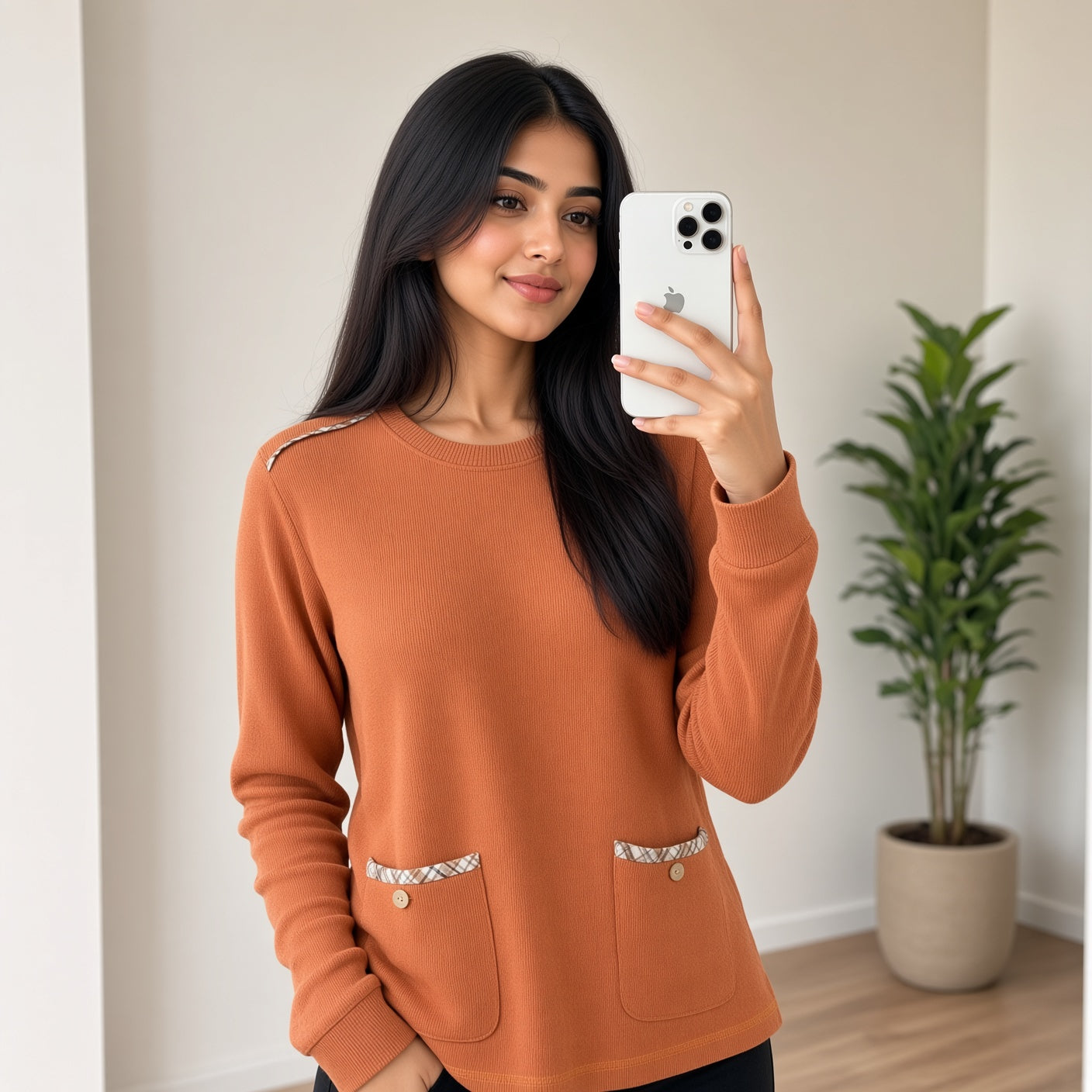 Orange Plaid-Trim Knit Sweater (M)