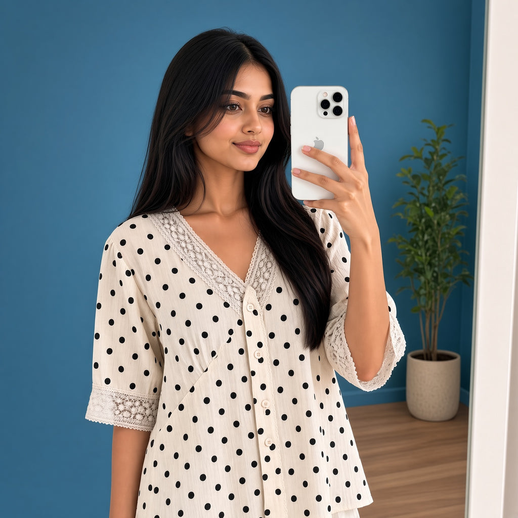 Polka Dot White Women Top (L)
