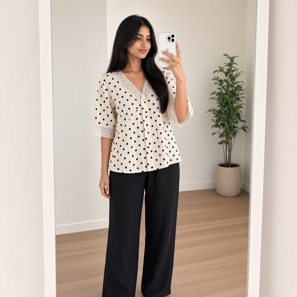 Polka Dot White Women Top (L)