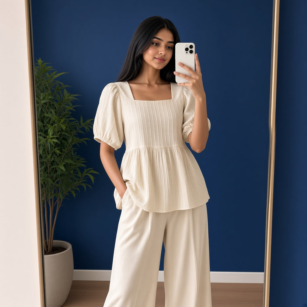 Cream Square-Neck Puff Sleeve Top (M)