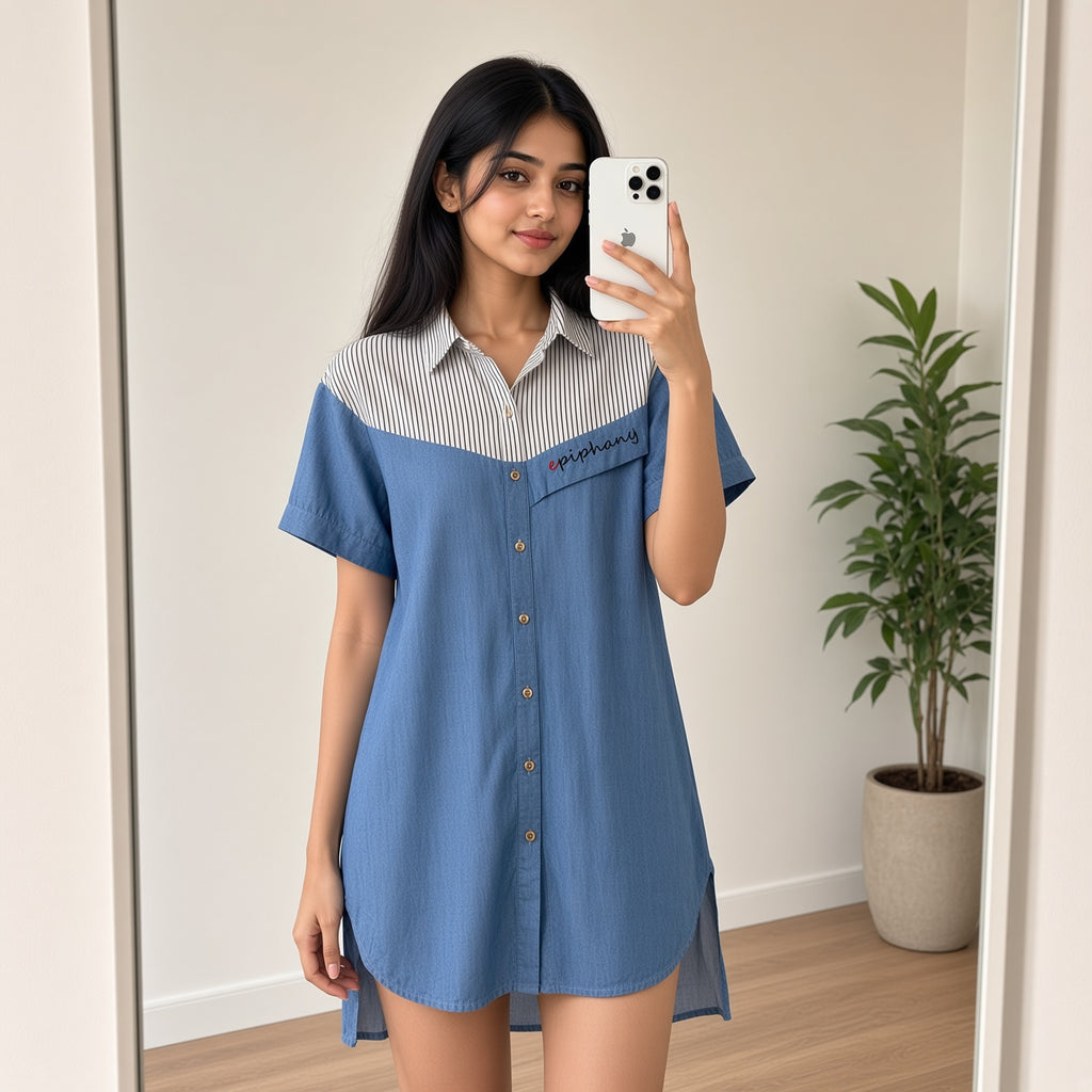 Blue Denim & Striped Longline Shirt Dress (L)