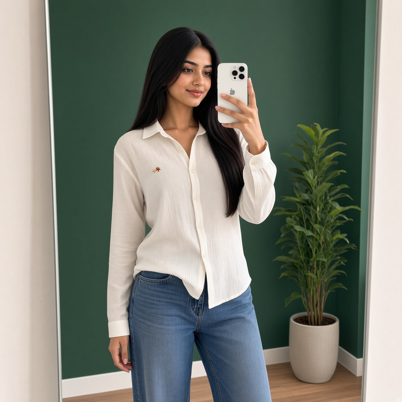 White Linen-Cotton Embroidered Shirt (M)