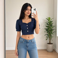 Square-Neck Puff Sleeve Navy blue Top (M)