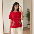 Red Floral Embroidered Short-Sleeve Top (M)