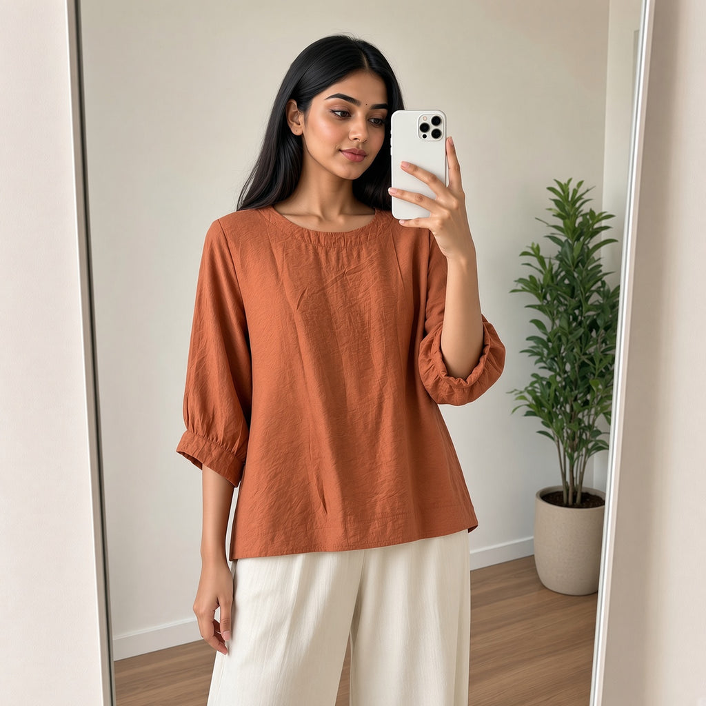 Terracotta Round-Neck Loose Top (L)