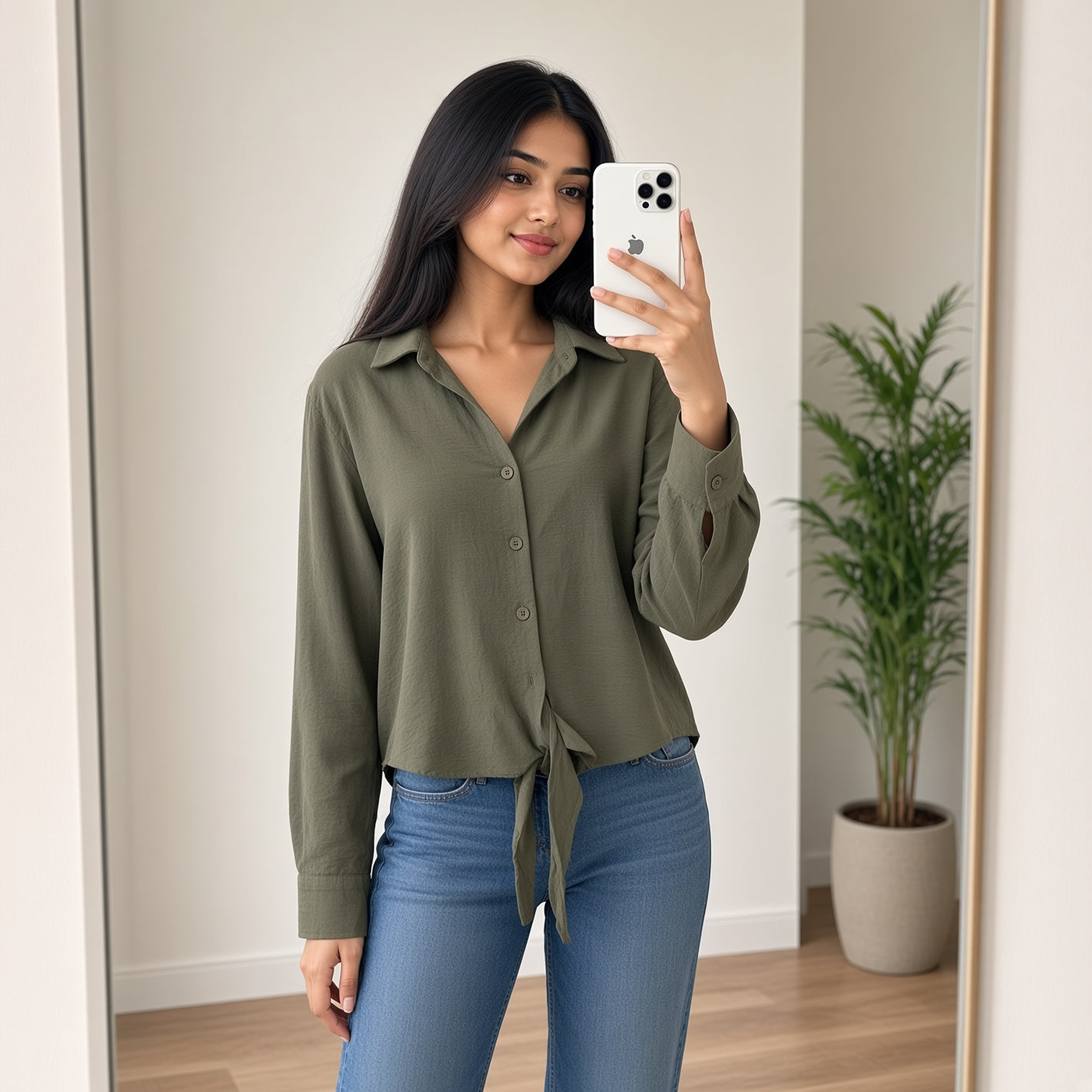 Olive Green Tie-Front Shirt (M)