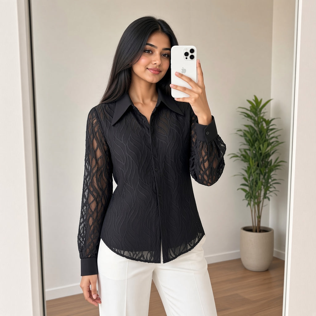 Black Textured Mesh Shirt (M)