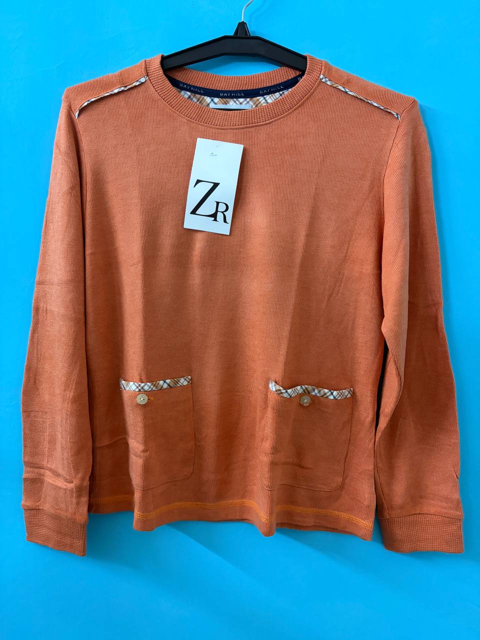 Orange Plaid-Trim Knit Sweater (M)
