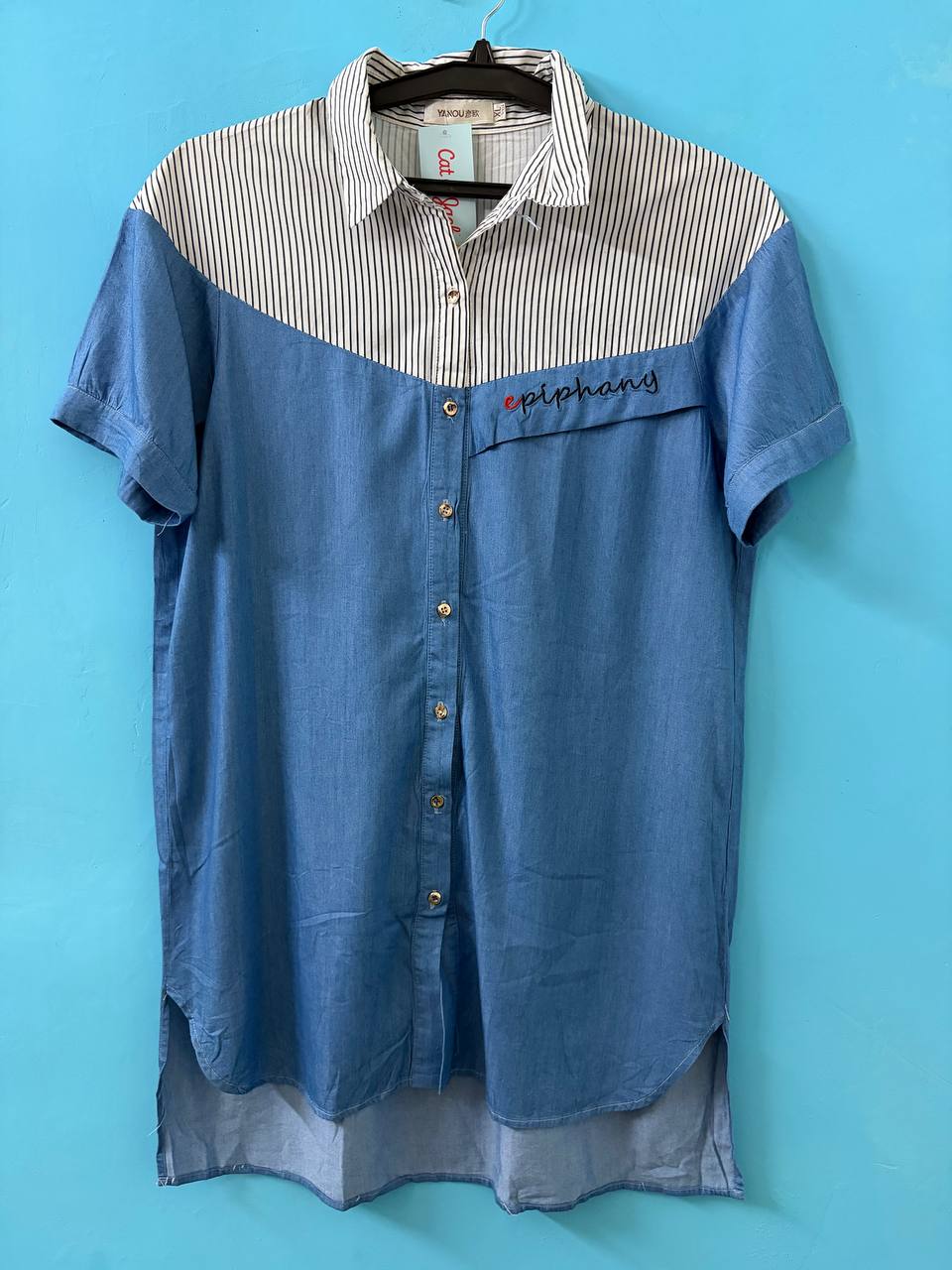 Blue Denim & Striped Longline Shirt Dress (L)