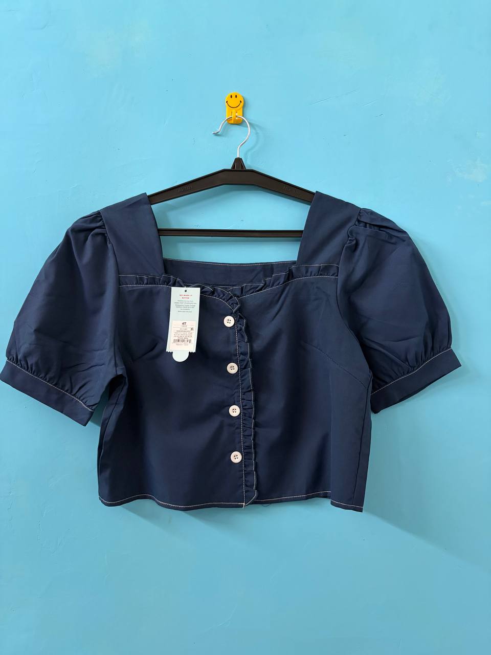Square-Neck Puff Sleeve Navy blue Top (M)